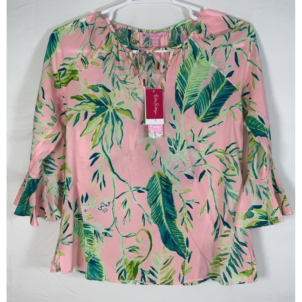 NWT Lilly Pulitzer Willa Flounce Sleeve Top Coral Reef Tint Chimpoiserie - S